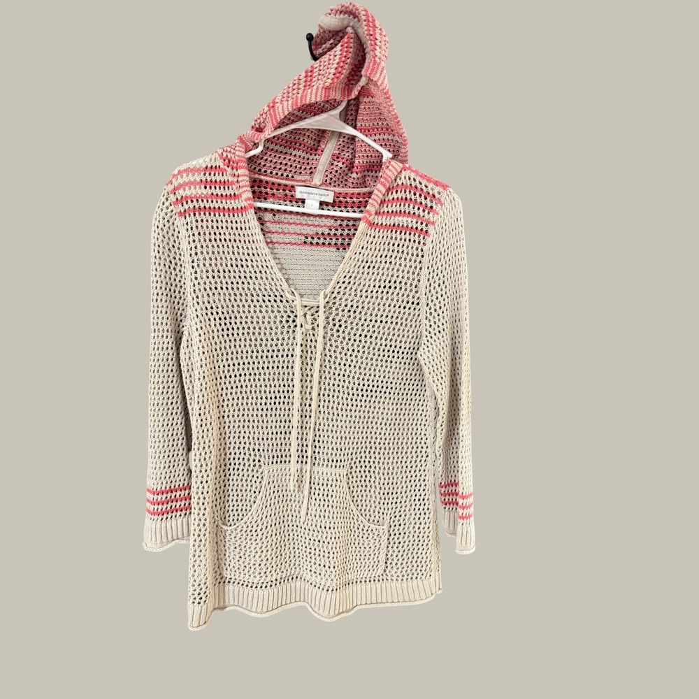Christopher & Banks Womens Small‎ Beige Pink Striped Open Knit Crochet Hoodie S